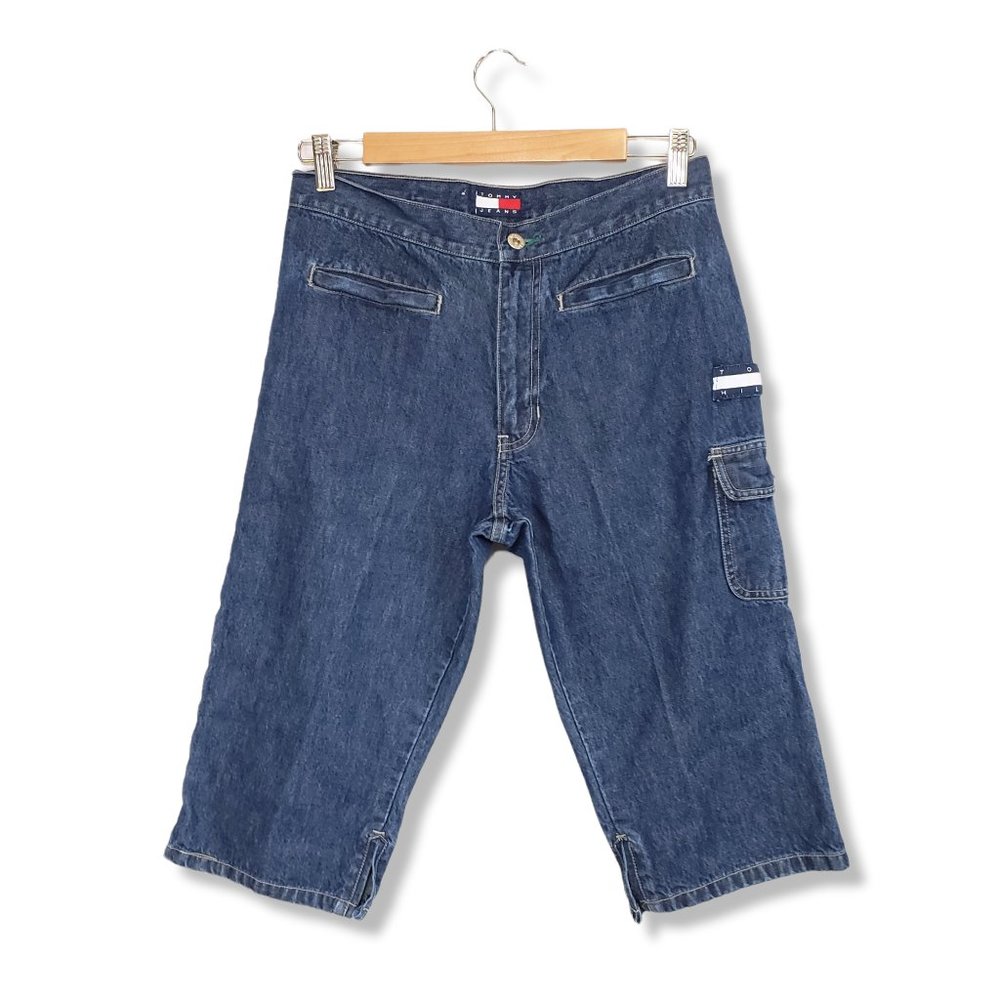 90's Y2K Tommy Hilfiger Dark-wash Fitted Bermuda Denim Shorts Size 7